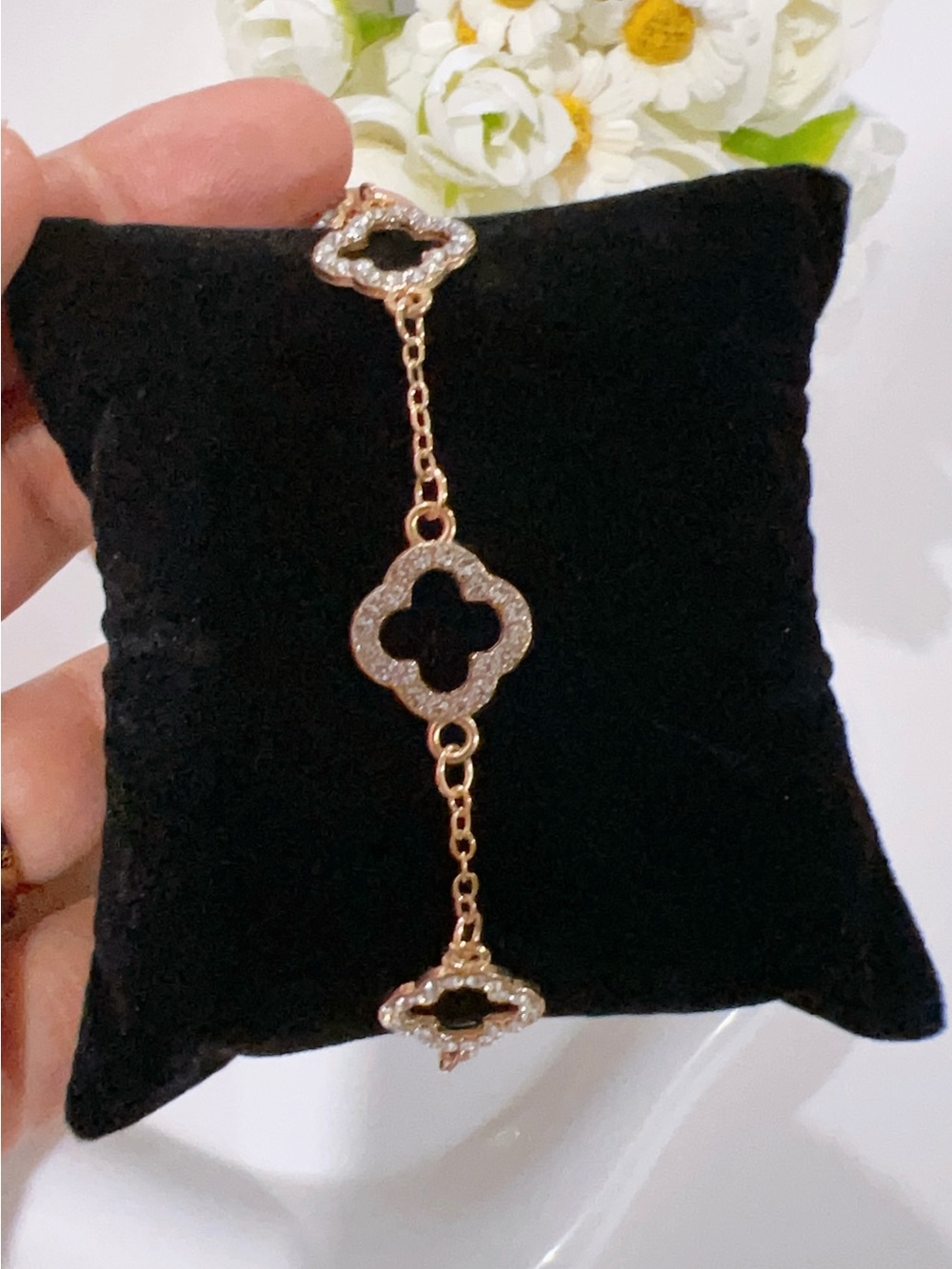 Gold-Tone Clover Link Bracelet/Anklet with Crystal Accents